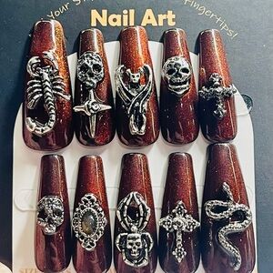 Gothic Cat Eye Press-On Nails with Pewter Metallic Accents